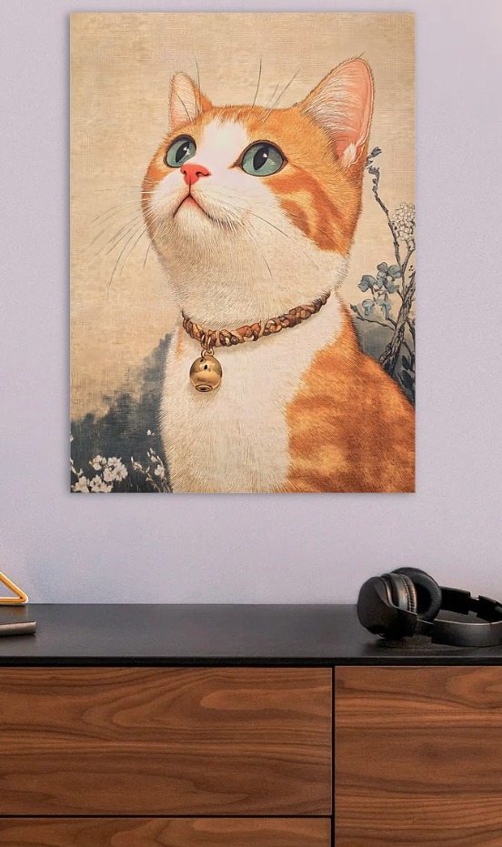 Orange Tabby Cat with Bell Collar — metal poster wall art by Lineer
